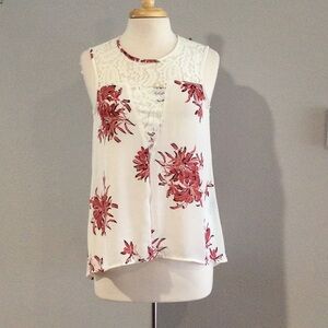 Worthington White w/Maroon Flowers Lace High-Low Sheer Sleeveless Top Size M
